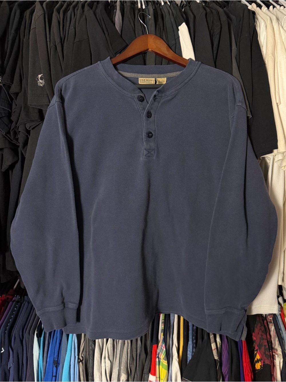 LL Bean Henley Thermal Shirt Mens XL Navy Blue Longsleeve Hiking Outdoors Waffle